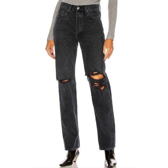 AGOLDE Lana Jeans Size 24 Faded Black Disorder Straight Button Fly Distressing - Picture 1 of 16